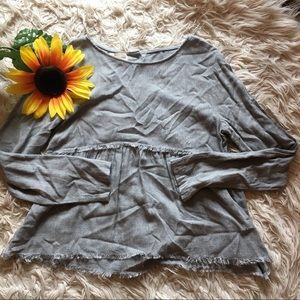 Anthropologie gray fringe hem button back blouse